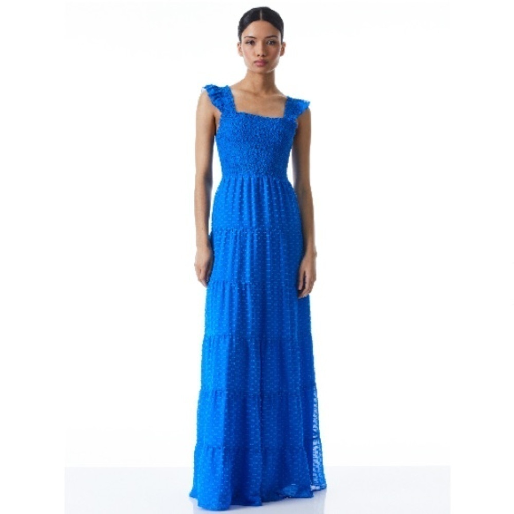 Alice+Olivia KIZZIE SMOCKED FLUTTER SLEEVE TIERED MAXI DRESS SZ 2 Blue Feminine